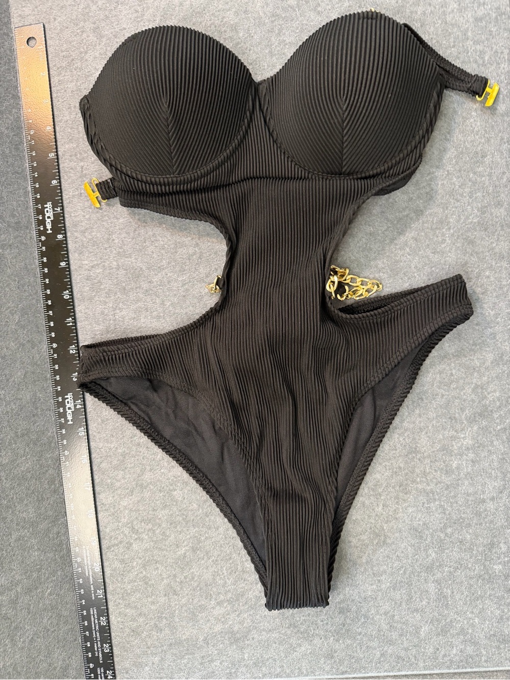 Black Cut Out Monkini Bathing Suit with gold chain accent size Med (4-6) NEW - Picture 4 of 5